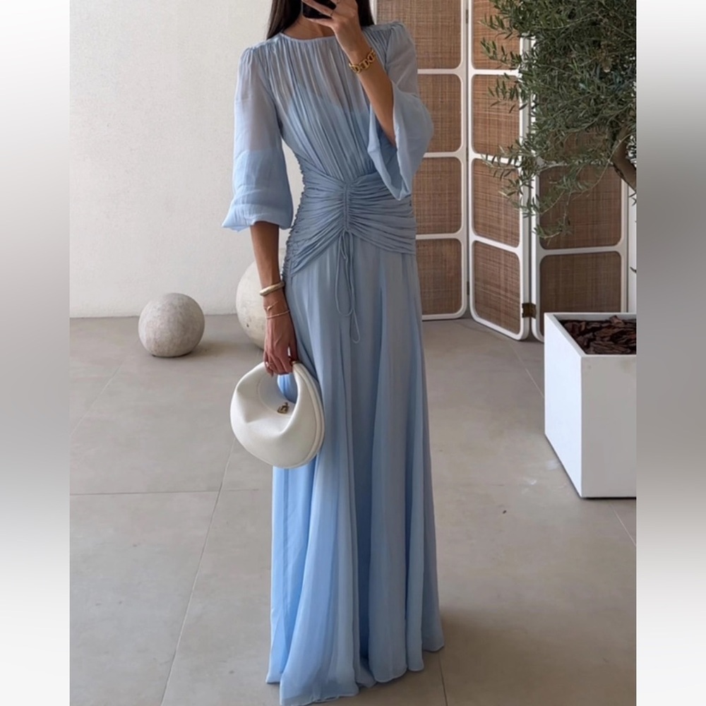 Blue Wrap Tie Front Gown with Bell Sleeves